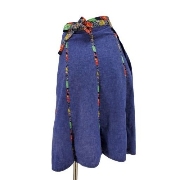 Vintage 70s Threadworks Blue Chambray Paisley Floral Paneled Wrap Skirt - Picture 2 of 9